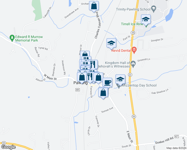 map of restaurants, bars, coffee shops, grocery stores, and more near 19 Memorial Avenue in Pawling