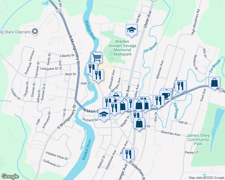 map of restaurants, bars, coffee shops, grocery stores, and more near 1 Pleasant Avenue in Walden