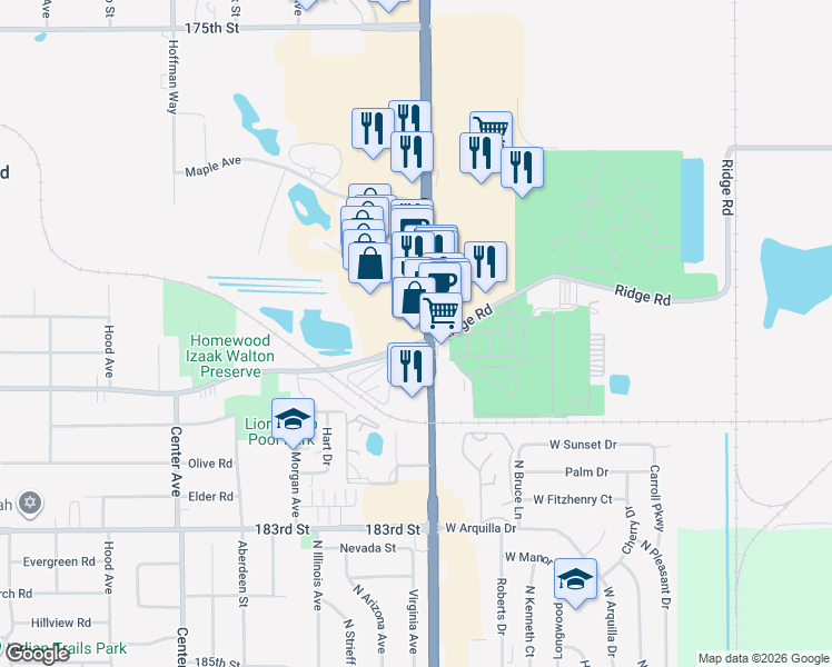 map of restaurants, bars, coffee shops, grocery stores, and more near 17968 South Halsted Street in Homewood