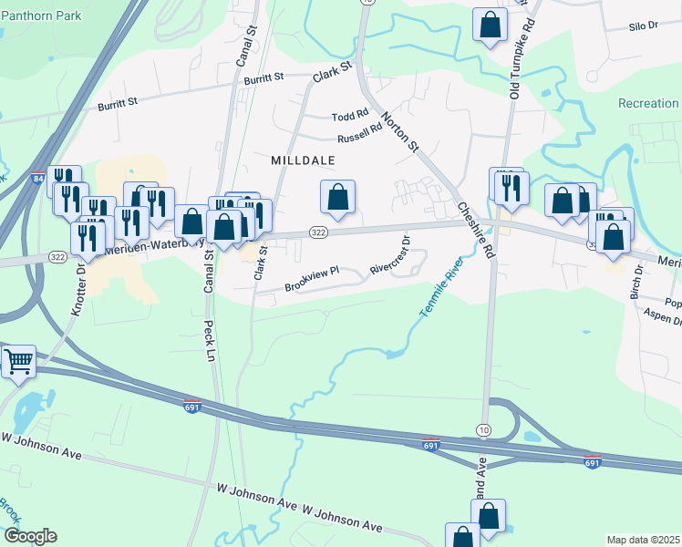 map of restaurants, bars, coffee shops, grocery stores, and more near 54 Brookview Place in Southington