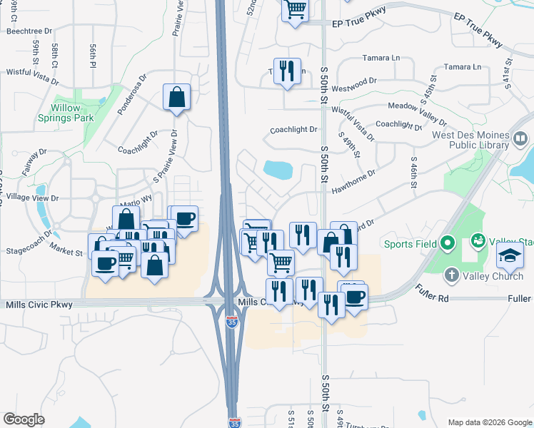 map of restaurants, bars, coffee shops, grocery stores, and more near 495 South 51st Street in West Des Moines