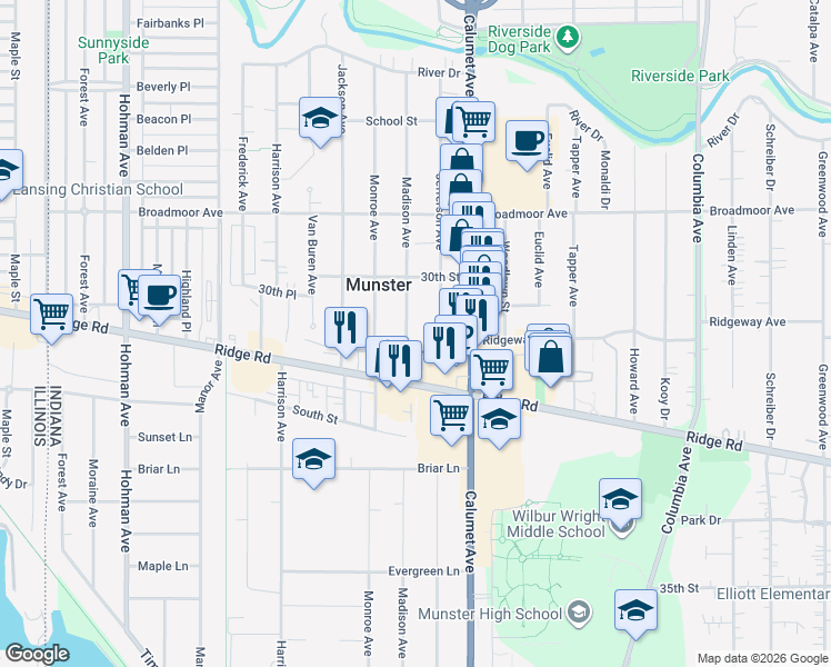 map of restaurants, bars, coffee shops, grocery stores, and more near 8234 Madison Ave in Munster