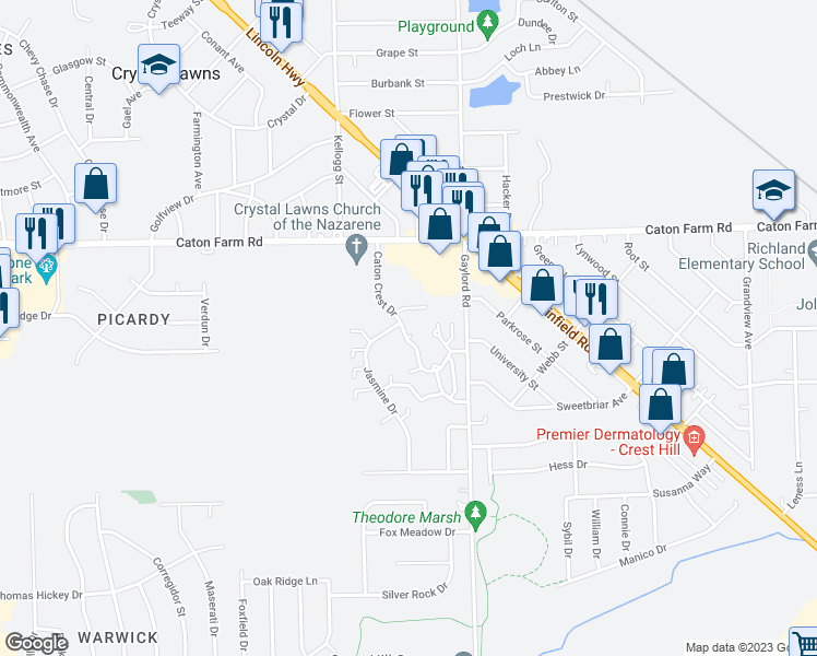map of restaurants, bars, coffee shops, grocery stores, and more near 2370 Carnation Drive in Crest Hill