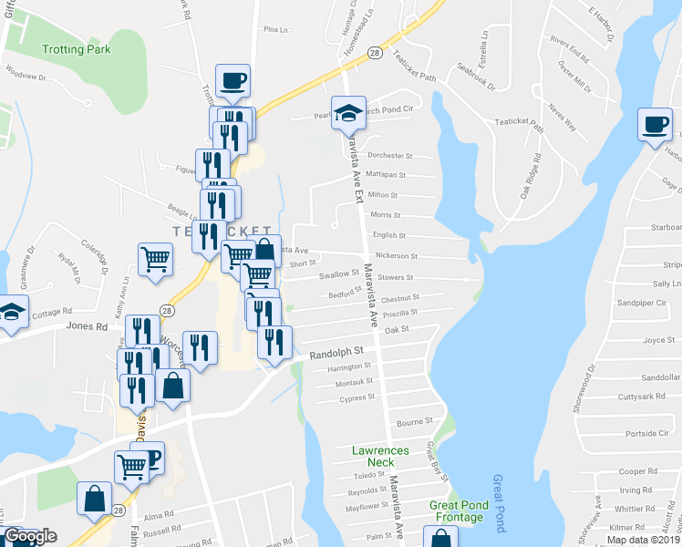 map of restaurants, bars, coffee shops, grocery stores, and more near 35 Swallow Street in Falmouth