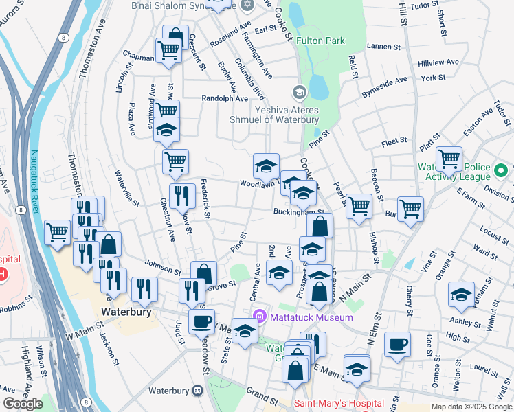 map of restaurants, bars, coffee shops, grocery stores, and more near 128 Buckingham Street in Waterbury