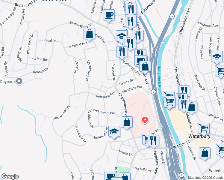 map of restaurants, bars, coffee shops, grocery stores, and more near 16 Delaware Avenue in Waterbury
