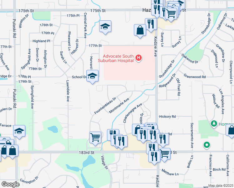map of restaurants, bars, coffee shops, grocery stores, and more near 3404 Fountainbleau Drive in Hazel Crest