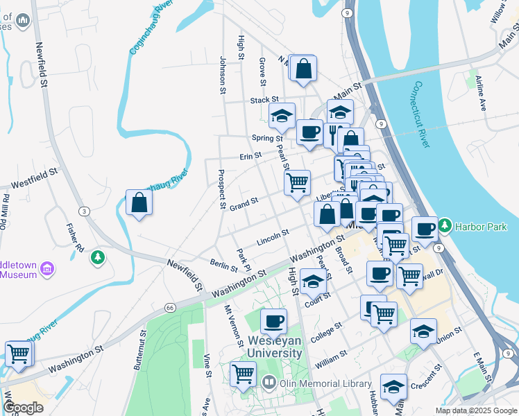 map of restaurants, bars, coffee shops, grocery stores, and more near 144 Grand Street in Middletown