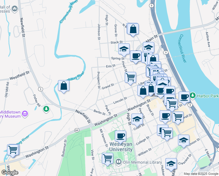 map of restaurants, bars, coffee shops, grocery stores, and more near 144 Grand Street in Middletown