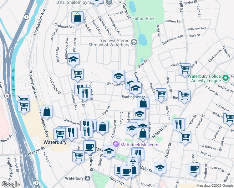 map of restaurants, bars, coffee shops, grocery stores, and more near 77 Woodlawn Terrace in Waterbury