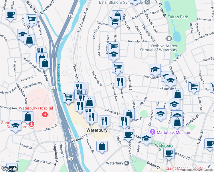 map of restaurants, bars, coffee shops, grocery stores, and more near 12 Wyman Street in Waterbury