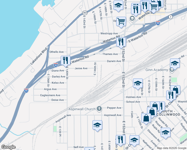 map of restaurants, bars, coffee shops, grocery stores, and more near 14513 Darley Avenue in Cleveland
