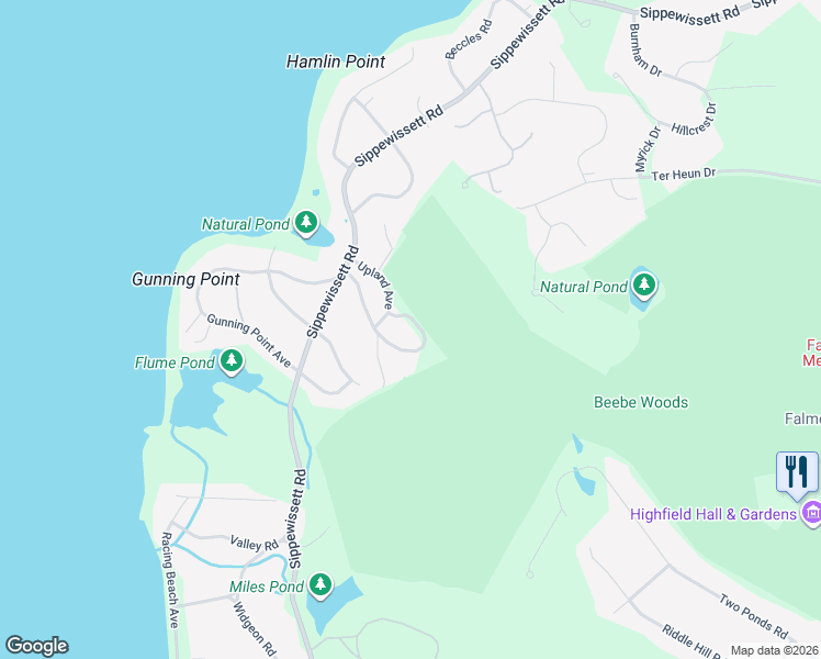 map of restaurants, bars, coffee shops, grocery stores, and more near 26 Upland Avenue in Falmouth