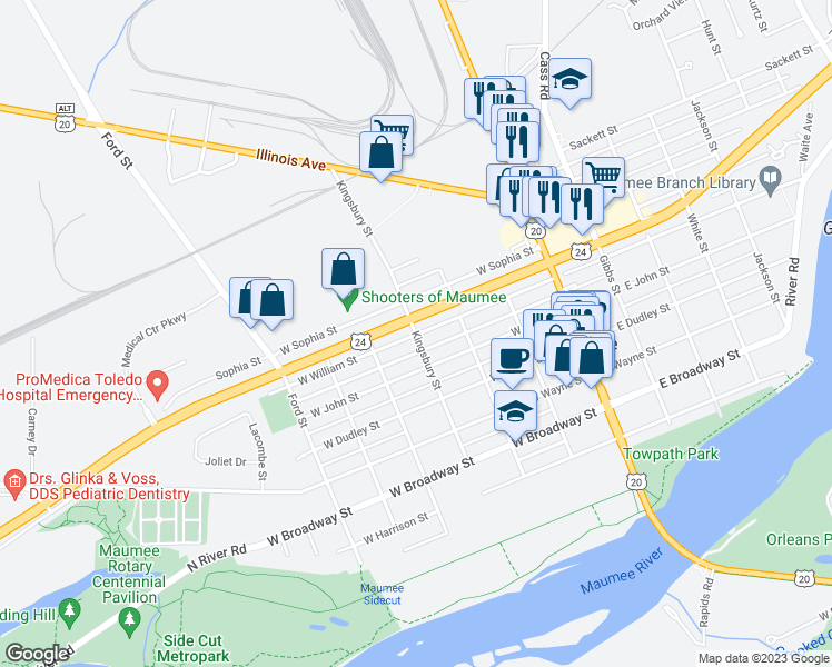map of restaurants, bars, coffee shops, grocery stores, and more near 523 Kingsbury Street in Maumee