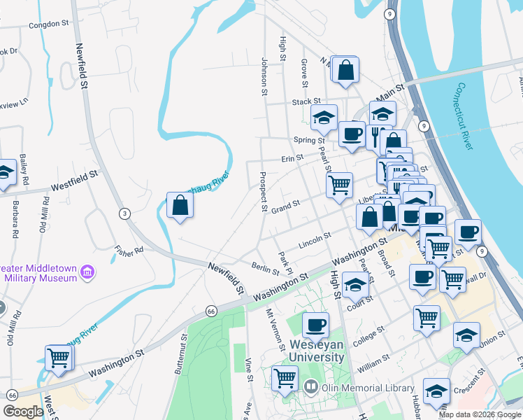map of restaurants, bars, coffee shops, grocery stores, and more near 112 Prospect Street in Middletown