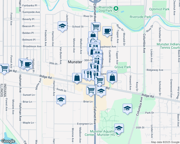 map of restaurants, bars, coffee shops, grocery stores, and more near 8233 Jefferson Ave in Munster
