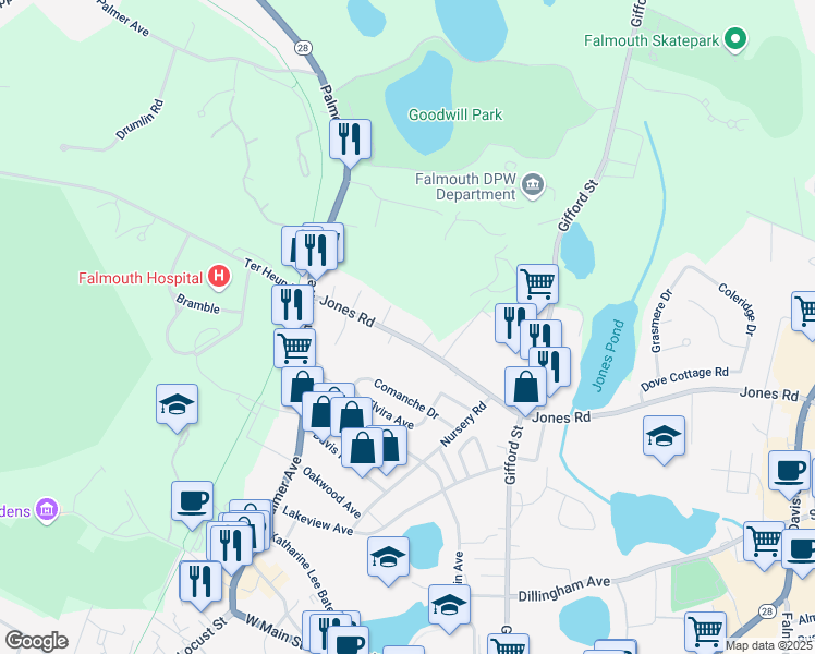 map of restaurants, bars, coffee shops, grocery stores, and more near 94 Jones Road in Falmouth