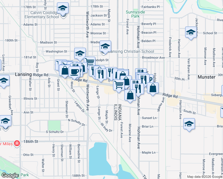 map of restaurants, bars, coffee shops, grocery stores, and more near 3679 Ridge Road in Lansing