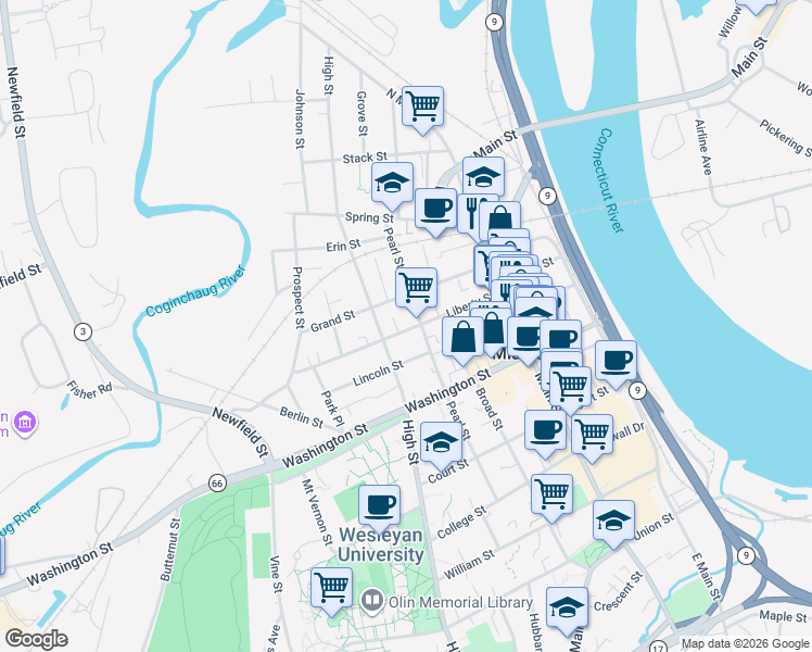 map of restaurants, bars, coffee shops, grocery stores, and more near 177 Pearl Street in Middletown