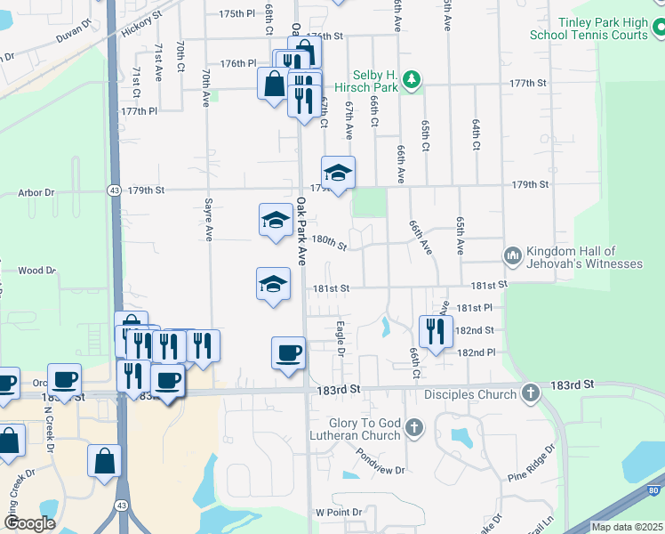 map of restaurants, bars, coffee shops, grocery stores, and more near 18061 Live Oak Court in Tinley Park