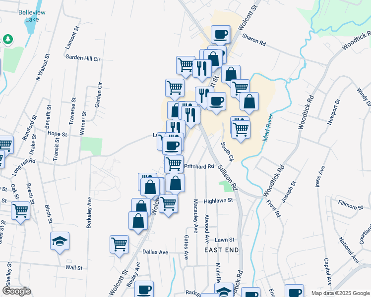 map of restaurants, bars, coffee shops, grocery stores, and more near 800 Wolcott Street in Waterbury