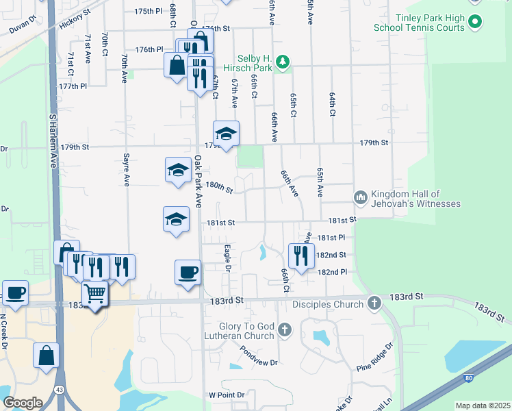 map of restaurants, bars, coffee shops, grocery stores, and more near 6635 180th Street in Tinley Park