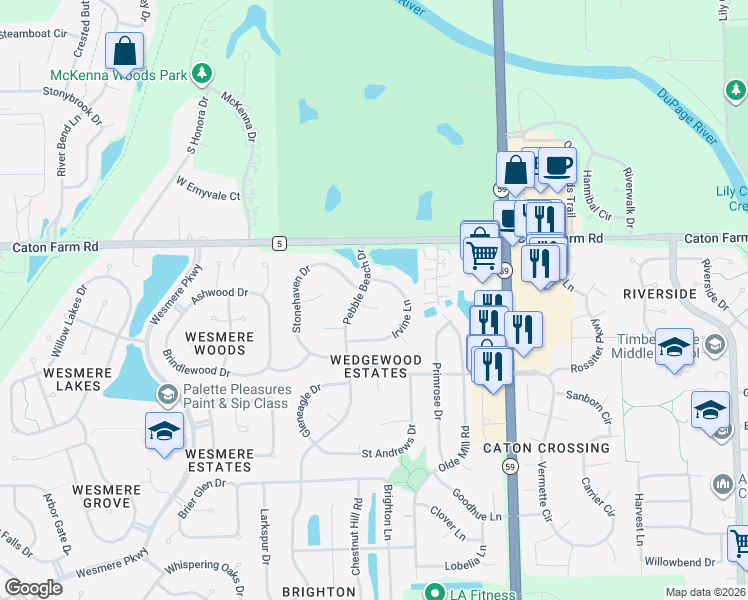 map of restaurants, bars, coffee shops, grocery stores, and more near 2305 Irvine Lane in Plainfield