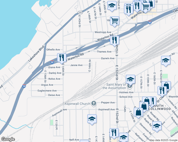 map of restaurants, bars, coffee shops, grocery stores, and more near 14513 Darley Avenue in Cleveland