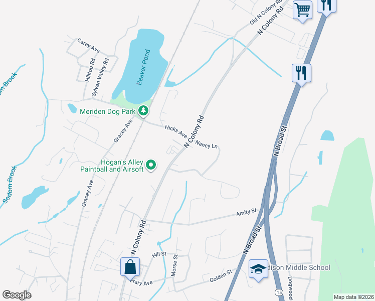 map of restaurants, bars, coffee shops, grocery stores, and more near 1102 North Colony Road in Meriden