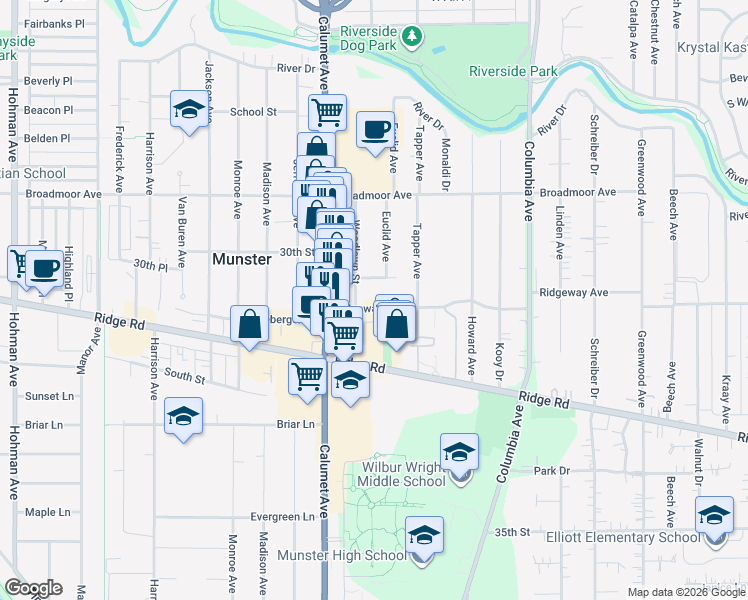 map of restaurants, bars, coffee shops, grocery stores, and more near 904 Fullerton Avenue in Munster