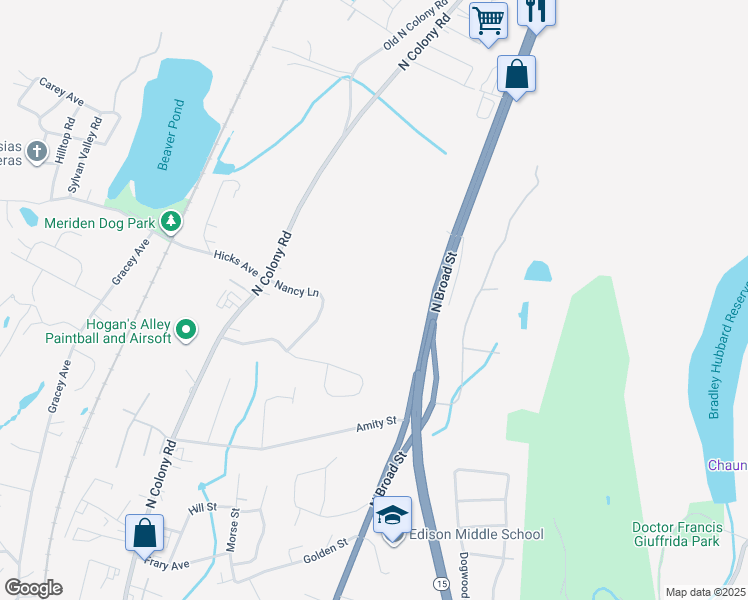map of restaurants, bars, coffee shops, grocery stores, and more near 1594D North Broad Street in Meriden