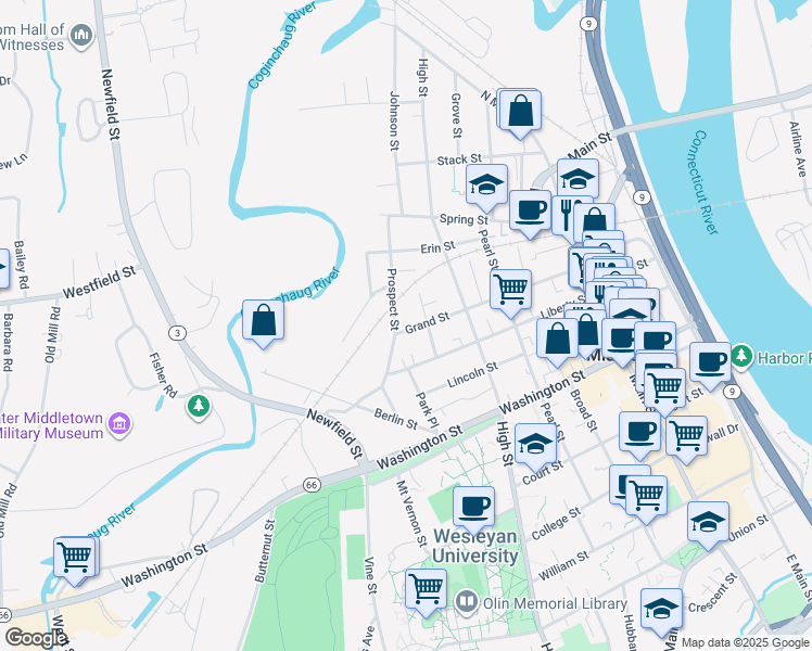 map of restaurants, bars, coffee shops, grocery stores, and more near 112 Prospect Street in Middletown