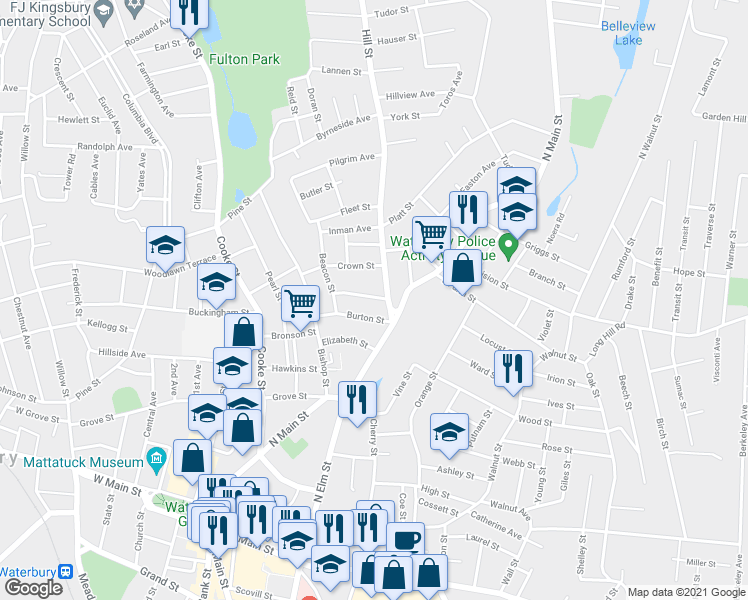 map of restaurants, bars, coffee shops, grocery stores, and more near 37 Hill Street in Waterbury