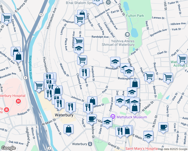 map of restaurants, bars, coffee shops, grocery stores, and more near 11 Ridgewood Street in Waterbury