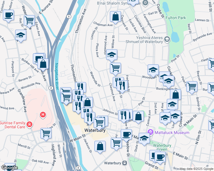 map of restaurants, bars, coffee shops, grocery stores, and more near 12 Wyman Street in Waterbury