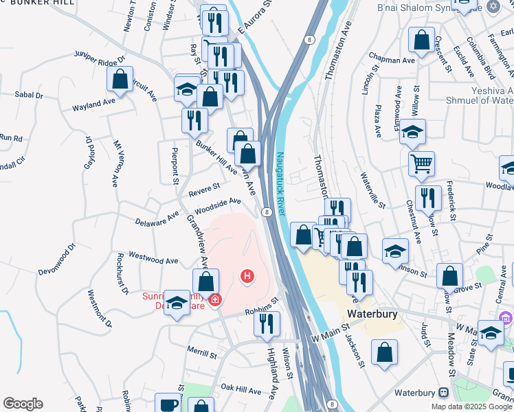map of restaurants, bars, coffee shops, grocery stores, and more near 351 Watertown Avenue in Waterbury