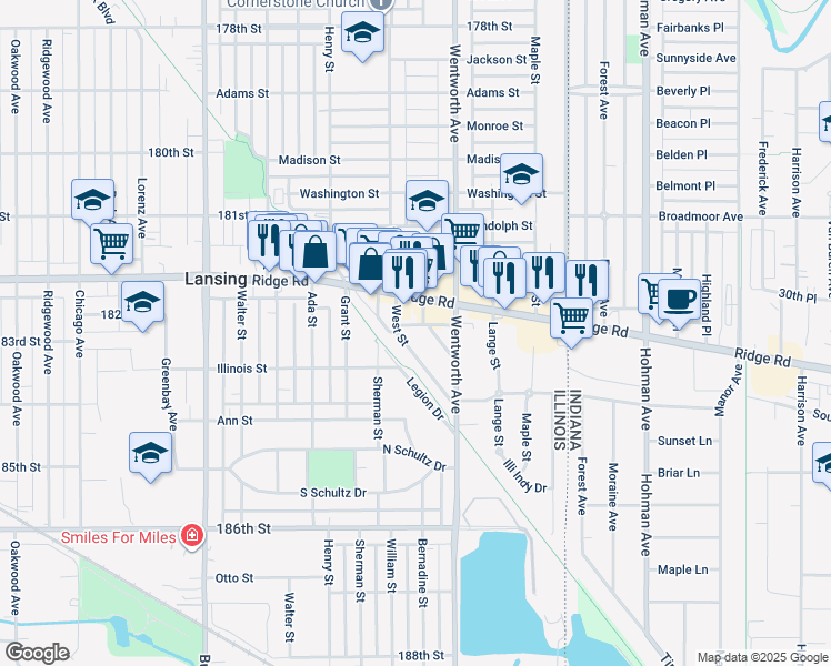 map of restaurants, bars, coffee shops, grocery stores, and more near 18300 Central Avenue in Lansing