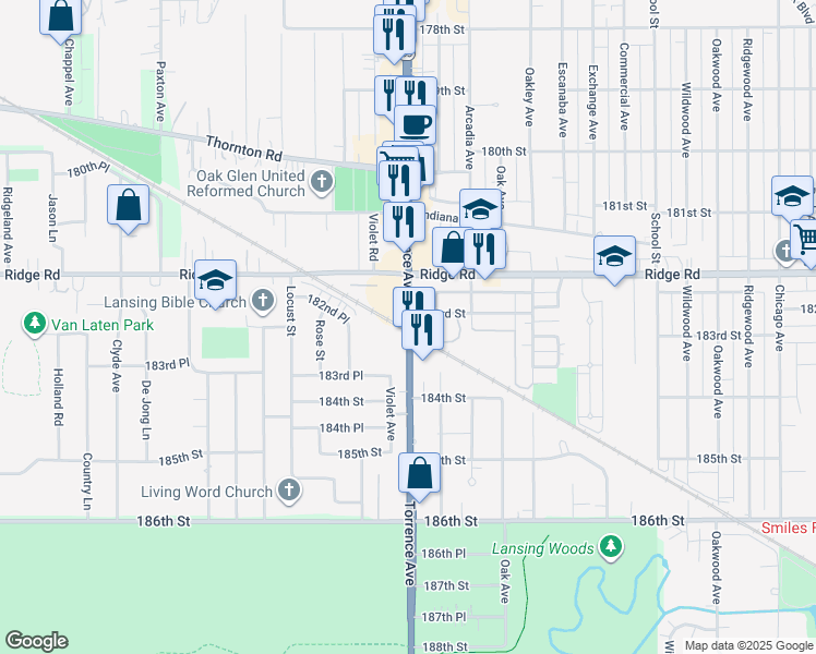 map of restaurants, bars, coffee shops, grocery stores, and more near 18230 Torrence Avenue in Lansing