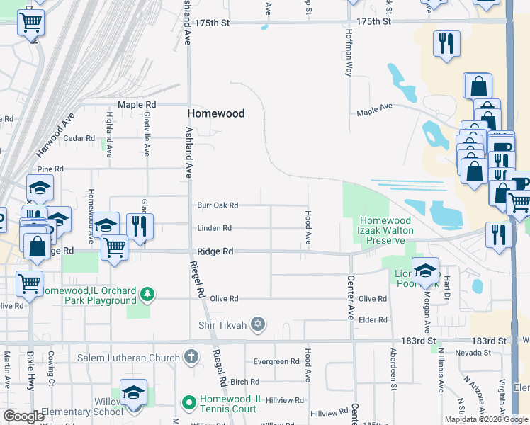 map of restaurants, bars, coffee shops, grocery stores, and more near 17948 Loomis Avenue in Homewood