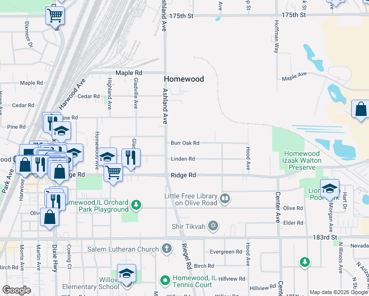 map of restaurants, bars, coffee shops, grocery stores, and more near 1515 Burr Oak Road in Homewood