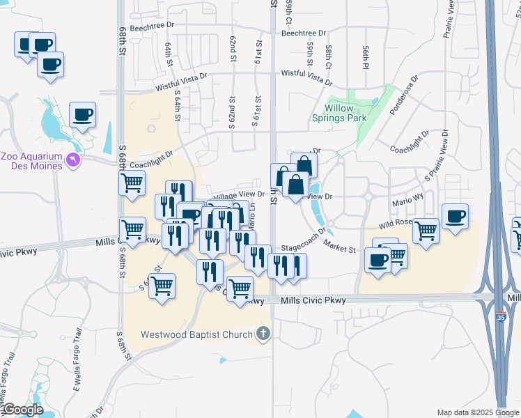 map of restaurants, bars, coffee shops, grocery stores, and more near 6150 Village View Drive in West Des Moines