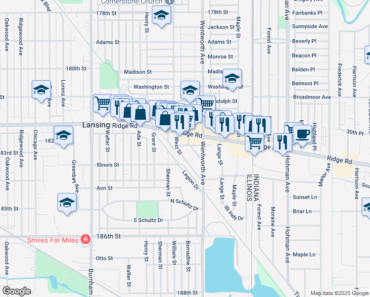 map of restaurants, bars, coffee shops, grocery stores, and more near 18300 Central Avenue in Lansing
