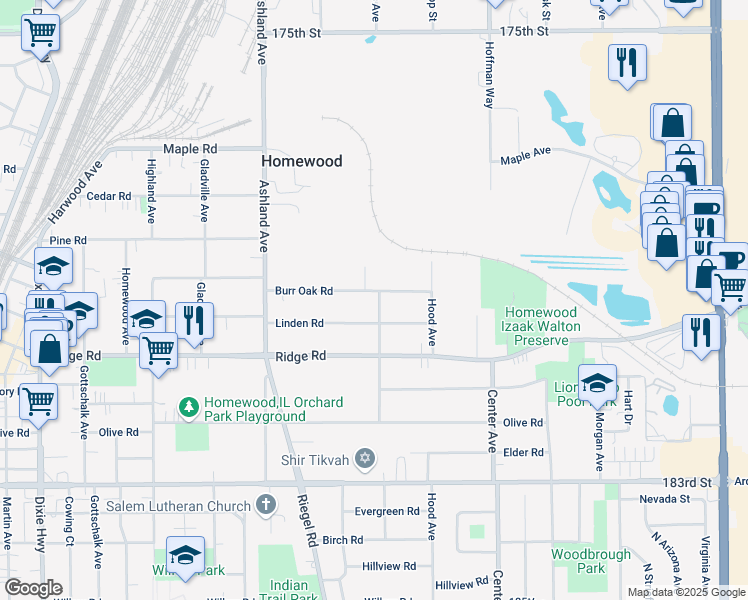 map of restaurants, bars, coffee shops, grocery stores, and more near 17948 Loomis Avenue in Homewood
