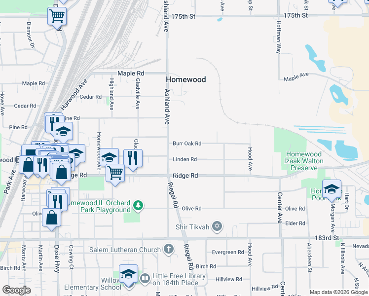 map of restaurants, bars, coffee shops, grocery stores, and more near 1515 Burr Oak Road in Homewood