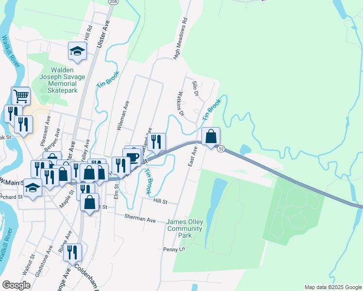 map of restaurants, bars, coffee shops, grocery stores, and more near 202 East Main Street in Walden