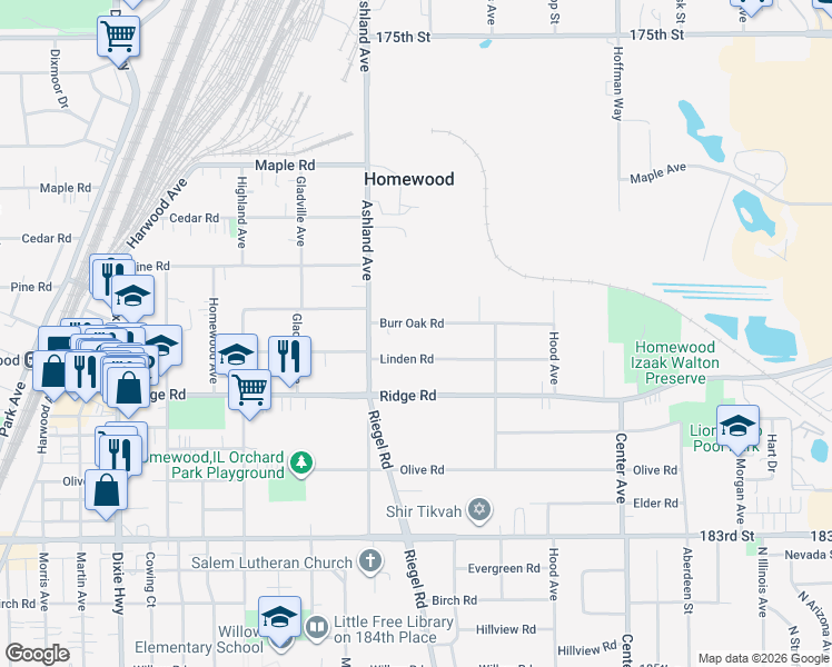 map of restaurants, bars, coffee shops, grocery stores, and more near 1515 Burr Oak Road in Homewood