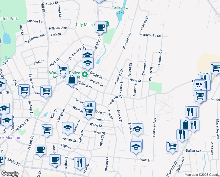 map of restaurants, bars, coffee shops, grocery stores, and more near 25 Rumford Street in Waterbury
