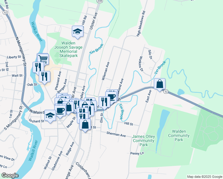 map of restaurants, bars, coffee shops, grocery stores, and more near 33 Highland Avenue in Walden