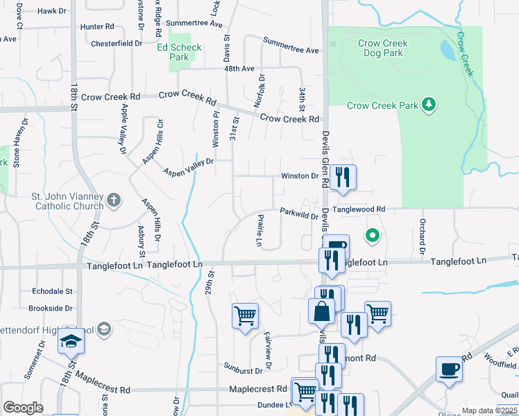 map of restaurants, bars, coffee shops, grocery stores, and more near 3240 Parkwild Drive in Bettendorf
