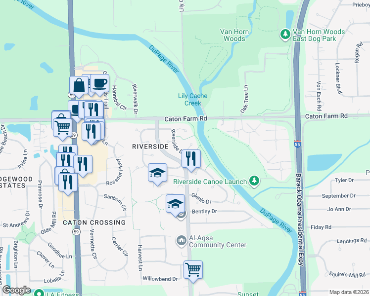 map of restaurants, bars, coffee shops, grocery stores, and more near 2223 Honeywood Court in Plainfield
